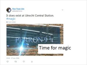 A tweet showing a photo of "Perron 9 3/4" at Utrecht Central Station. It is overlapped by "Time for magic"!