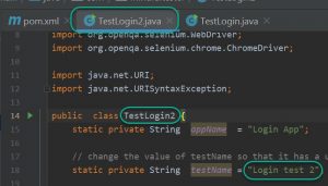 The source code of TestLogin2.java is shown with the TestLogin2 class and test name "Login test 2"!