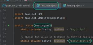 The source code of TestLogin3.java is shown with the TestLogin3 class and test name "Login test 3"