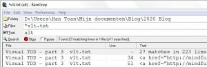 Baregrep shows all the lines of the files with the file name ending with "v1t.txt" in the subdirectory D:\Users\Han Toan\Mijn documenten\Blog\2020 Blog containing the text alt!