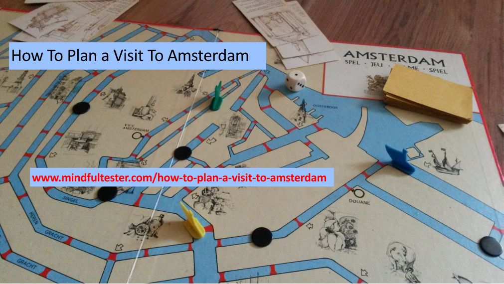 A game board of "Amsterdam" with a map, sightseeing points, and bridges of the city. On the board there are a dice, two sets of sightseeing point cards, black tokens, coloured boats, and a stack of yellow cards. Showing texts “How To Plan a Visit To Amsterdam” and “mindfultester.com/how-to-plan-a-visit-to-amsterdam”!