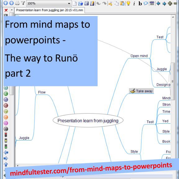 A mind map program containing a mind map with central subject “Learn from juggling” with main branches “Open mind”, “Take away”, “Style, and “Flow”. Showing texts “From mind maps to powerpoints The way to Runo part 3” and “mindfultester.com/from-mind-maps-to-powerpoints”!