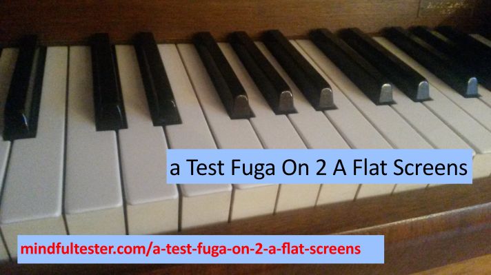 Keys of a piano. Showing texts “a Test Fuga On 2 Flat Screens” and “mindfultester.com/a-test-fuga-on-2-a-flat-screens”!