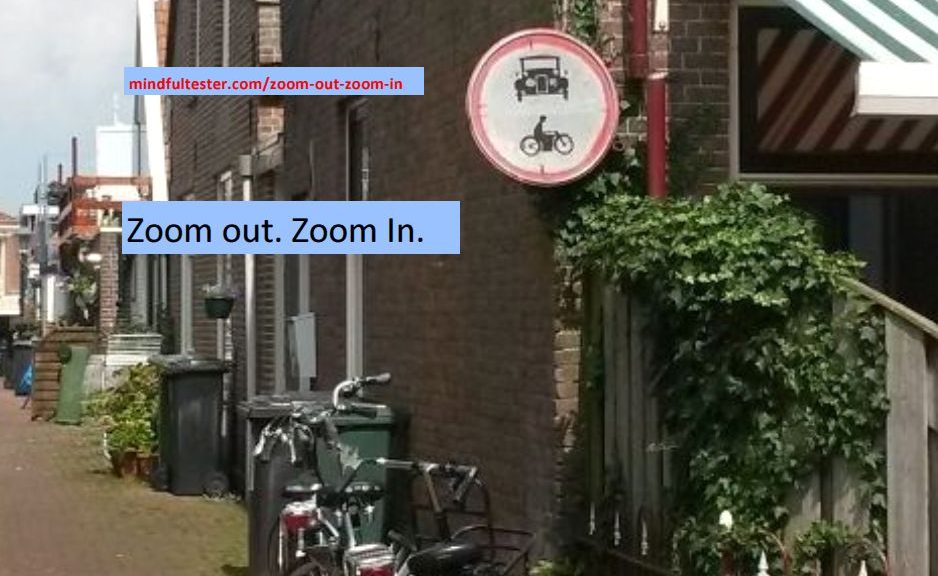 Traffic sign with an oldtimer and old motor in a narrow street. Showing texts “Zoom out. Zoom in.” and “mindfultester.com/zoom-out-zoom-in”!