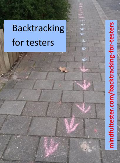 Chalk symbols looking like bird steps or arrows on a pavement. Showing texts “Backtracking for testers” and “mindfultester.com/backtracking-for-testers”!