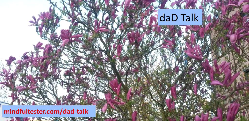 Blossom. Showing texts “daD Talk” and “mindfultester.com/dad-talk”!