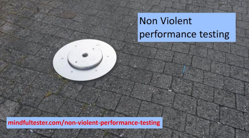 Partially extended hydraulic parking pole in the ground. Showing texts “Non Violent performance testing” and “mindfultester.com/non-violent-performance-testing”!