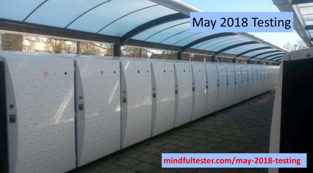 Two rows of lockers for bikes. Showing texts “May 2018 Testing” and “mindfultester.com/may-2018-testing”!