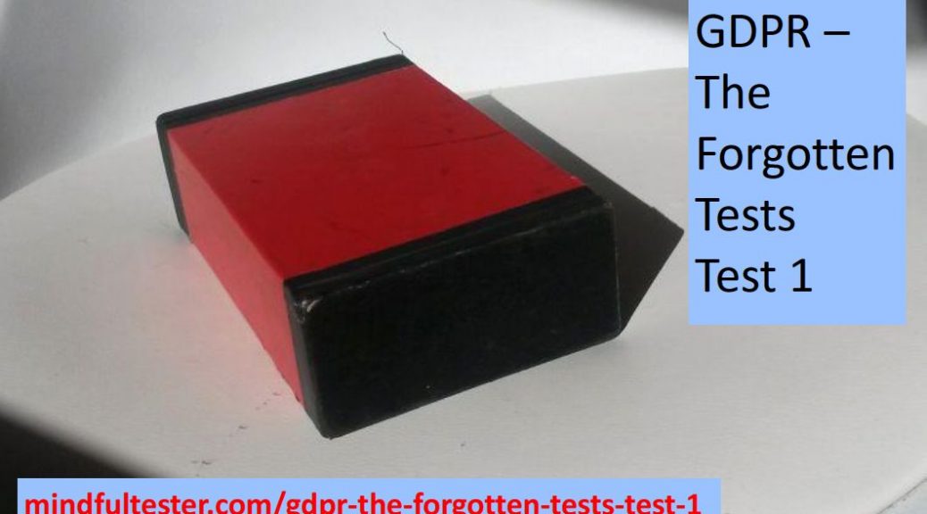 A box with 4 red sides and 2 black sides. Showing texts “GDPR – The Forgotten Tests Test 1” and “mindfultester.com/gdpr-the-forgotten-tests-test-1”!