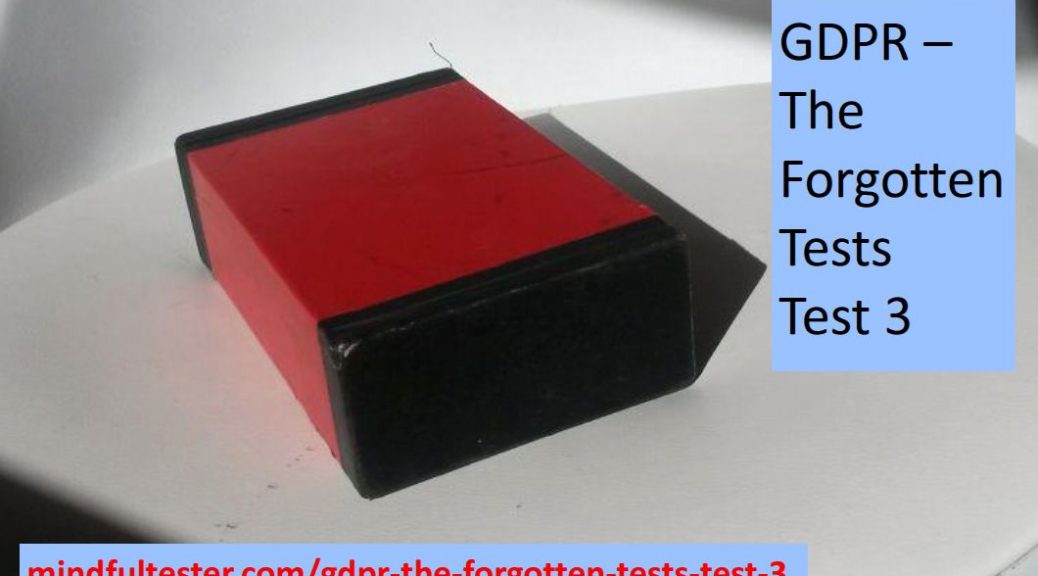 A box with 4 red sides and 2 black sides. Showing texts “GDPR – The Forgotten Tests Test 3” and “mindfultester.com/gdpr-the-forgotten-tests-test-3”!
