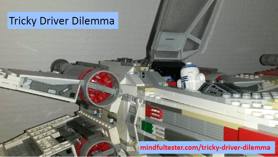 A robot on the pilot seat of a spacecraft. Showing texts “Tricky Driver Dilemma” and “mindfultester.com/tricky-driver-dilemma”!