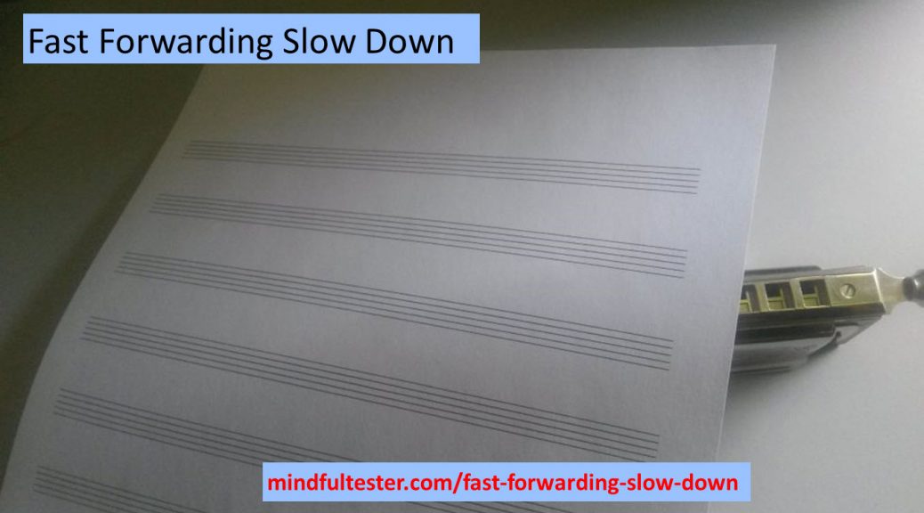 An empty music sheet lying over a harmonica. Also containing texts “Fast Forwarding Slow Down” and “mindfultester.com/fast-forwarding-slow-down”!