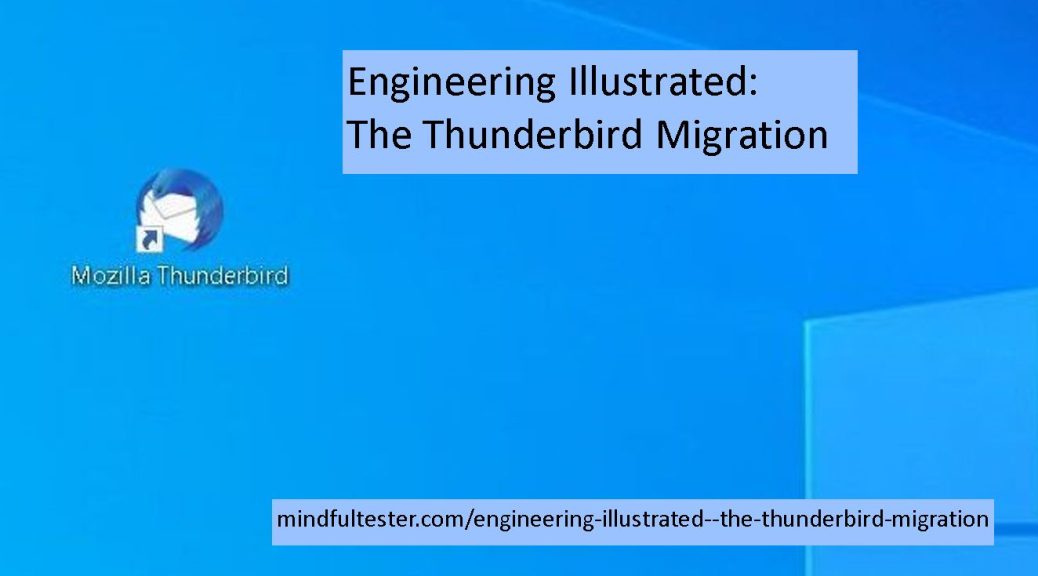 The Thunderbird shortcut is shown on a desktop. The picture also includes the following texts: "Engineering Illustrated: The Thunderbird Migration" and "mindfultester.com/engineering-illustrated--the-thunderbird-migration"!